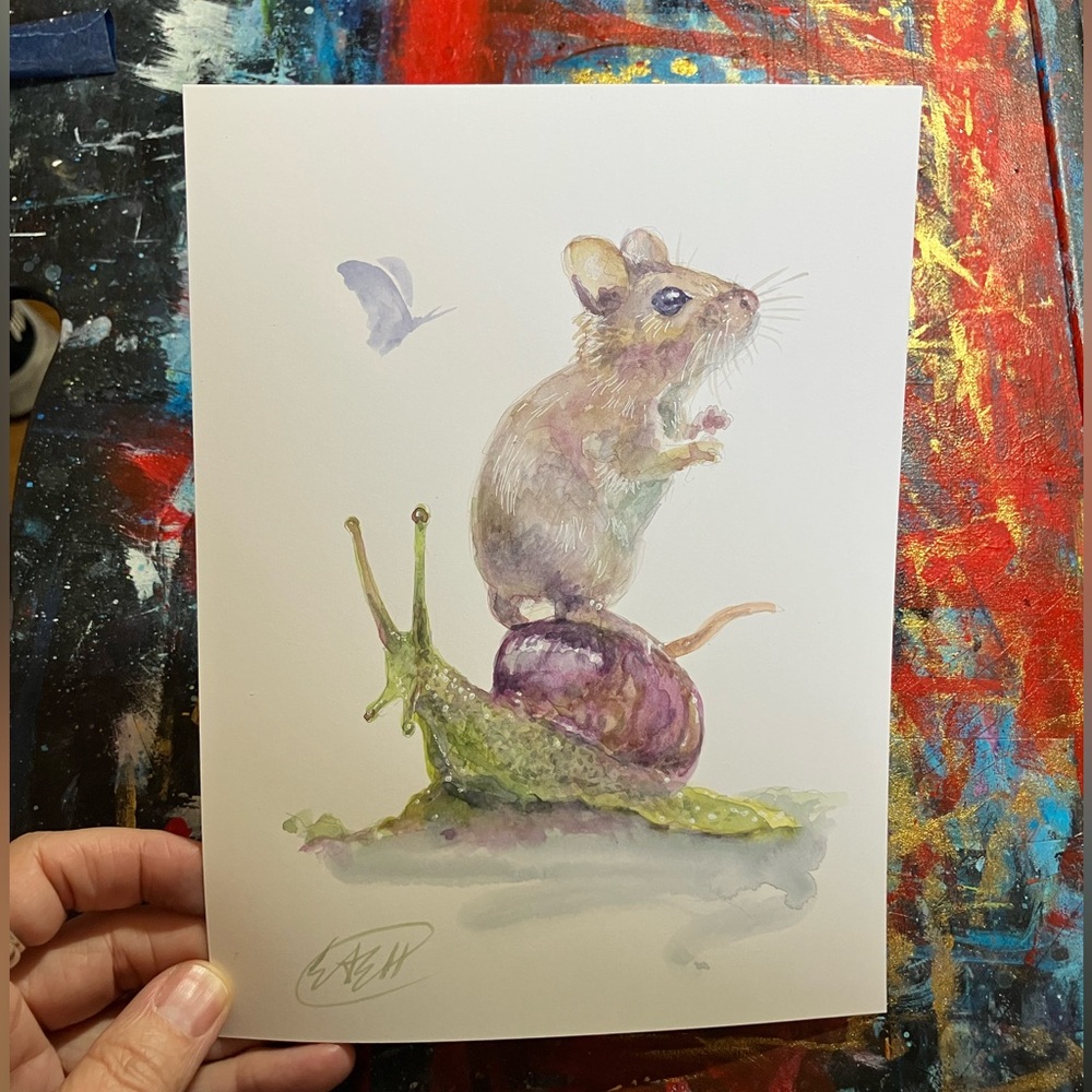 Original Mouse snail painting watercolor art nature animal home decor Artettina
